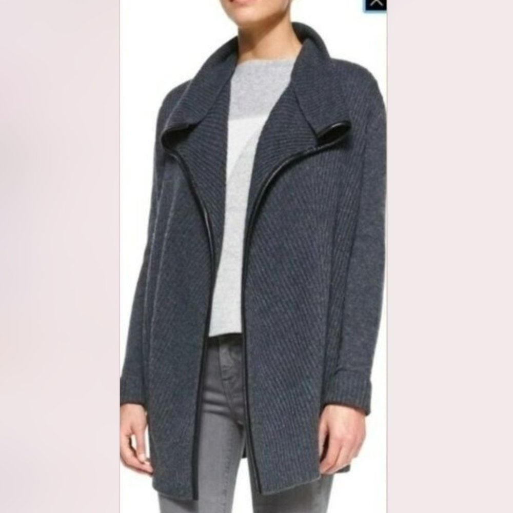 Vince Cashmere Blend Open Front Cardigan with Leather Trim